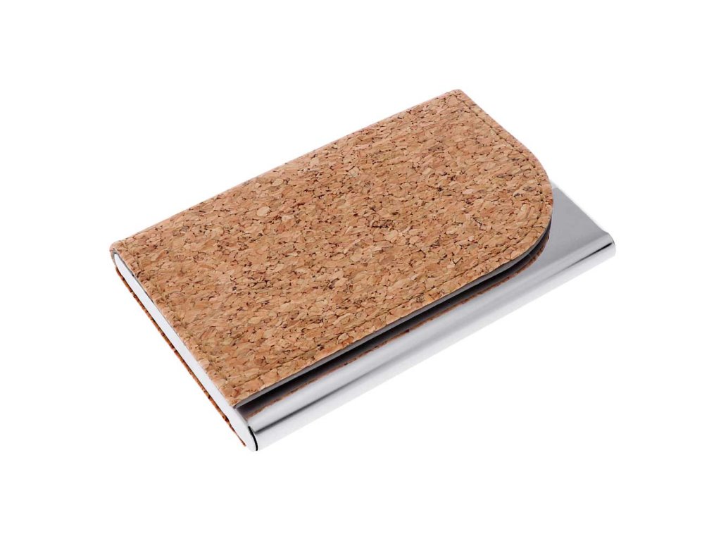 Visitenkartenhalter aus Metall mit Korkoberfläche