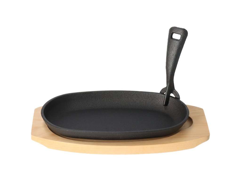Gusseiserne Bratpfanne auf Holzbrett GRADA – 23 x 14cm