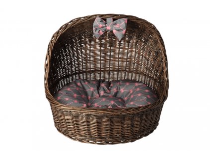 Hundebett aus Weide mit Baldachin – dunkel mit grauer Schleife