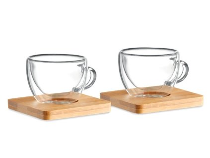Set aus zwei 90-ml-Thermotassen mit Bambusuntersetzer